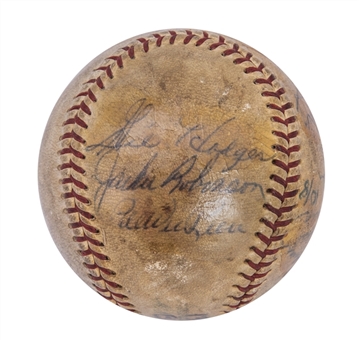 1956 New York Yankees & Brooklyn Dodgers World Series Game 4 Used and Multi Signed OAL Harridge Baseball with 10 Signatures Including Jackie Robinson, Mickey Mantle, & Pee Wee Reese (MEARS & JSA)